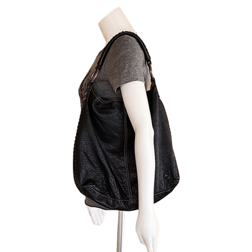 LUCKY BRAND Whipstitch Black Pebbled Leather Hobo Shoulder Bag Studs VINTAGE Y2K - Picture 7 of 16